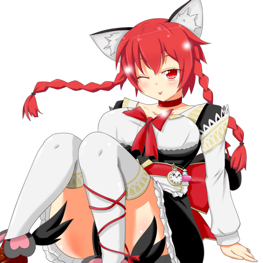 1girl alternate_costume animal_ears braid breasts cat_ears choker convenient_leg feet_out_of_frame highres himenomikan kaenbyou_rin knees_together_feet_apart large_breasts long_hair one_eye_closed red_hair solo thighhighs tongue tongue_out touhou twin_braids