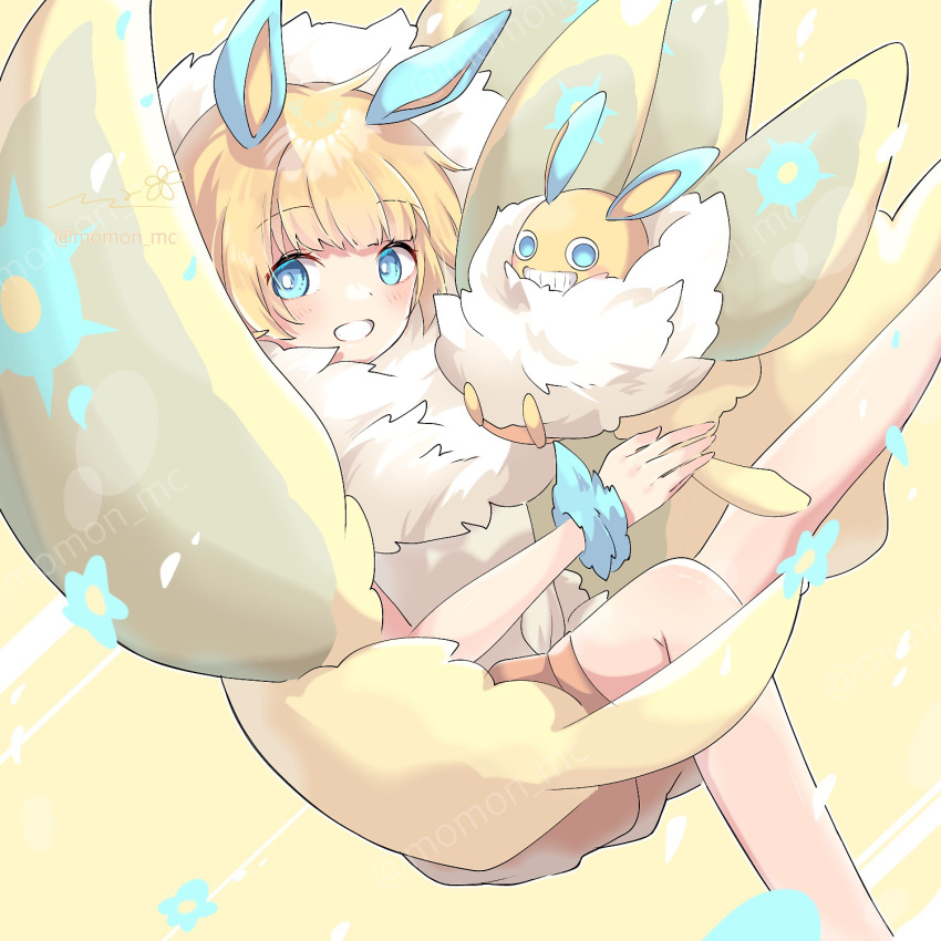 bangs bare_legs blonde_hair blue_eyes blue_flower blunt_bangs clenched_teeth creature dot_nose flower fur grin highres ibispaint_(medium) long_legs momon_mc ni_no_kuni open_mouth shadow short_hair shorts smile solo teeth