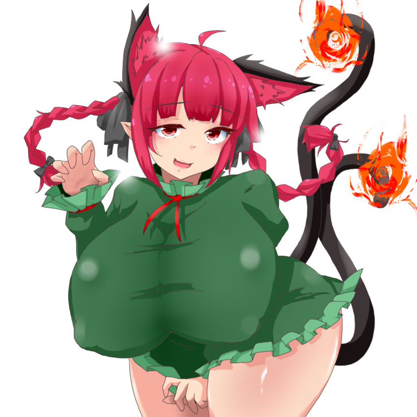 1girl animal_ears bow braid breasts cat_ears cat_tail dress extra_ears fire flame flame-tipped_tail gigantic_breasts hair_bow highres himenomikan huge_breasts kaenbyou_rin multiple_tails nekomata pointy_ears red_eyes red_hair tail touhou twin_braids two_tails