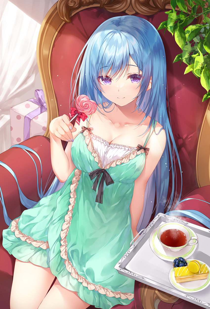 1girl bangs bare_shoulders black_bow blue_hair bow breasts candy cleavage closed_mouth collarbone couch cowboy_shot cup dress emori_miku emori_miku_project food frilled_dress frills gift green_dress heart heart_lollipop highres holding holding_candy holding_food holding_lollipop indoors lollipop long_hair looking_at_viewer medium_breasts miwabe_sakura on_couch plant plate purple_eyes saucer shaped_lollipop short_dress sidelocks sitting smile solo spaghetti_strap steam sundress tea teacup thighs tray