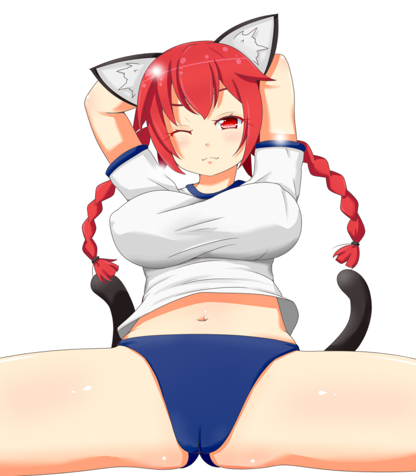 1girl animal_ears braid breasts buruma cameltoe cat_ears cat_tail gym_uniform highres himenomikan kaenbyou_rin large_breasts long_hair navel red_hair solo spread_legs tail touhou twin_braids