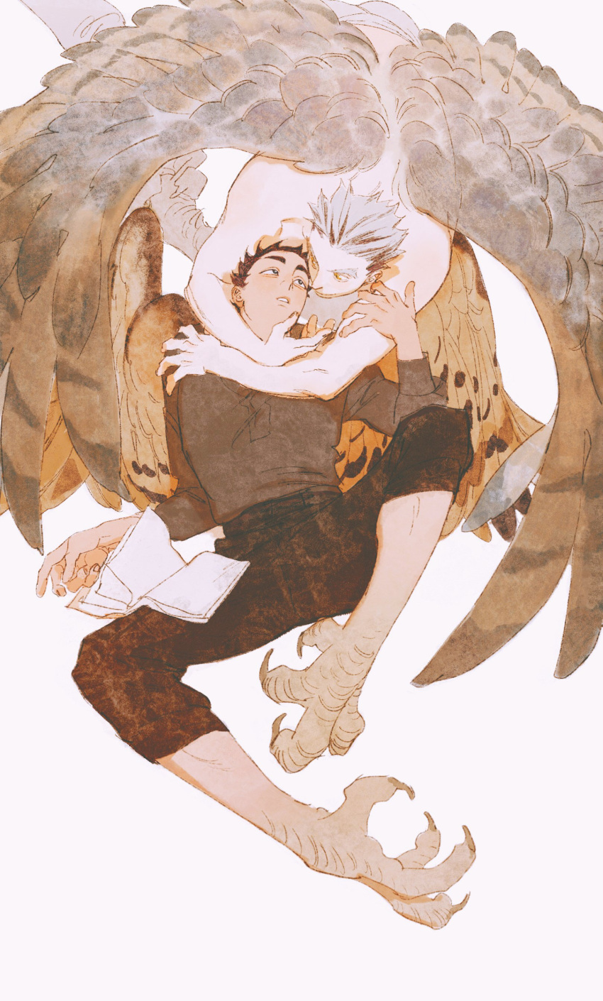 2boys absurdres akaashi_keiji bird_boy black_hair black_pants bokuto_koutarou book chengongzi123 couple face-to-face feathered_wings grey_wings haikyuu!! highres hug hug_from_behind leaning_back leaning_forward long_sleeves looking_at_another male_focus multicolored_hair multiple_boys open_book owl_wings pants parted_lips reclining short_hair simple_background smile spiked_hair streaked_hair talons topless_male two-tone_hair white_background white_hair wings yaoi