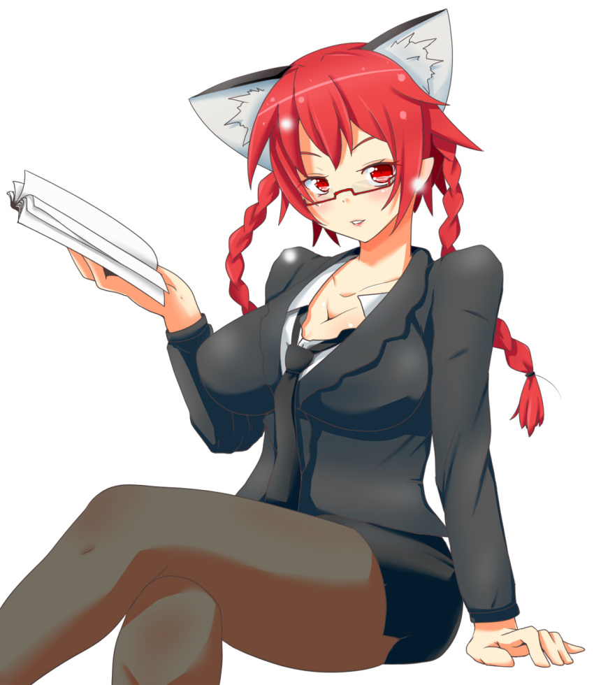 1girl alternate_costume animal_ears bespectacled braid breasts cat_ears cleavage crossed_legs formal glasses highres himenomikan kaenbyou_rin large_breasts necktie pantyhose pencil_skirt red_eyes red_hair skirt solo touhou twin_braids