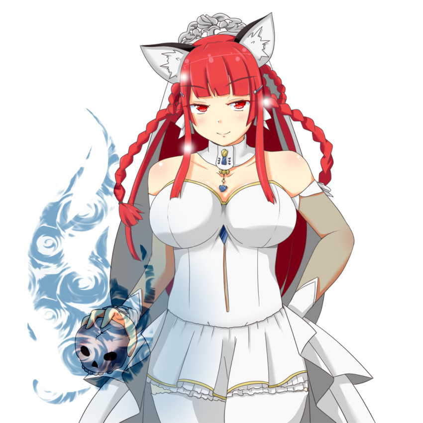 1girl alternate_costume animal_ears bare_shoulders braid breasts cat_ears cowboy_shot dress gloves highres himenomikan kaenbyou_rin large_breasts light_smile looking_at_viewer red_eyes red_hair skull solo touhou twin_braids