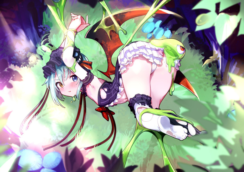 1girl armpits arms_behind_head arms_up ass bare_shoulders blue_eyes blue_hair blush bonnet bound bound_arms ejami feet frills full_body heterochromia highres idle_princess kneehighs looking_at_viewer monster official_art panties parted_lips revealing_clothes short_hair skirt slime_(creature) slime_(substance) socks solo thighhighs torn_clothes torn_legwear underwear white_panties white_socks wings yellow_eyes