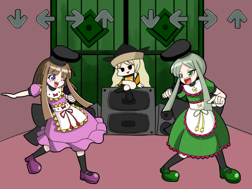 3girls apron arrow_(symbol) black_headwear black_socks blonde_hair brown_hair crossed_legs dress friday_night_funkin' full_body green_dress green_footwear green_hair hat highres long_hair matara_okina multiple_girls nishida_satono parody pink_dress pink_footwear puffy_short_sleeves puffy_sleeves short_hair_with_long_locks short_sleeves socks speaker tate_eboshi teireida_mai touhou waist_apron white_apron zenji029