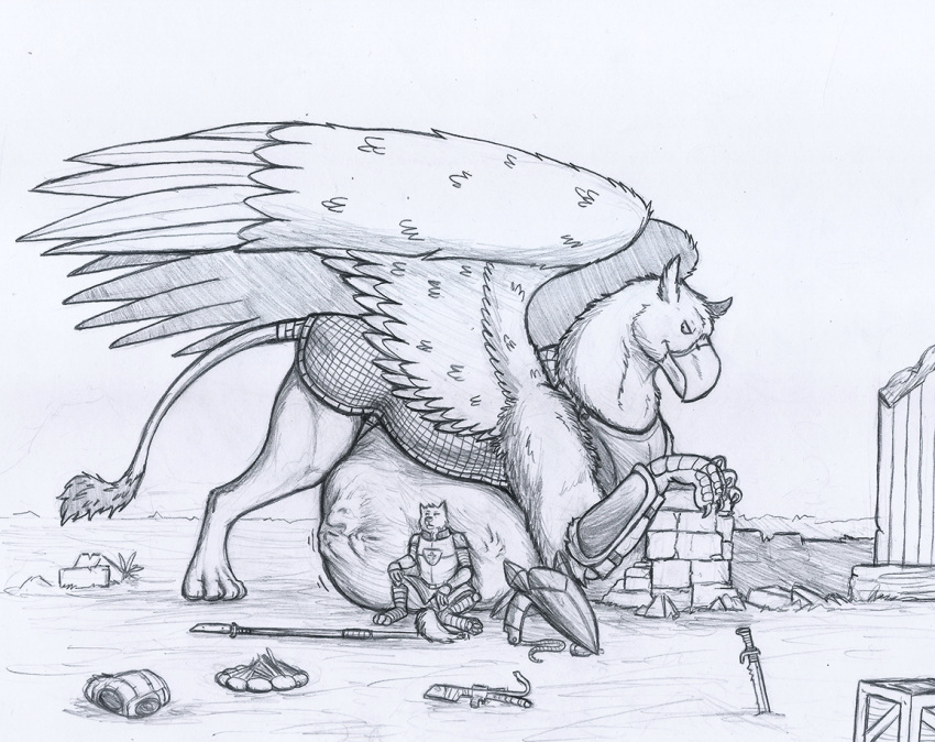 after_vore ambiguous_gender anthro anthro_prey armor avian beak campfire feral feral_pred group gryphon gryphon_pred gun headgear helmet jagg_(thatgryphonguy) larger_feral male male_pred melee_weapon mythological_avian mythology ramz_(thatgryphonguy) ranged_weapon ruins sitting size_difference sword thatgryphonguy traditional_media_(artwork) unwilling_prey vore weapon wings