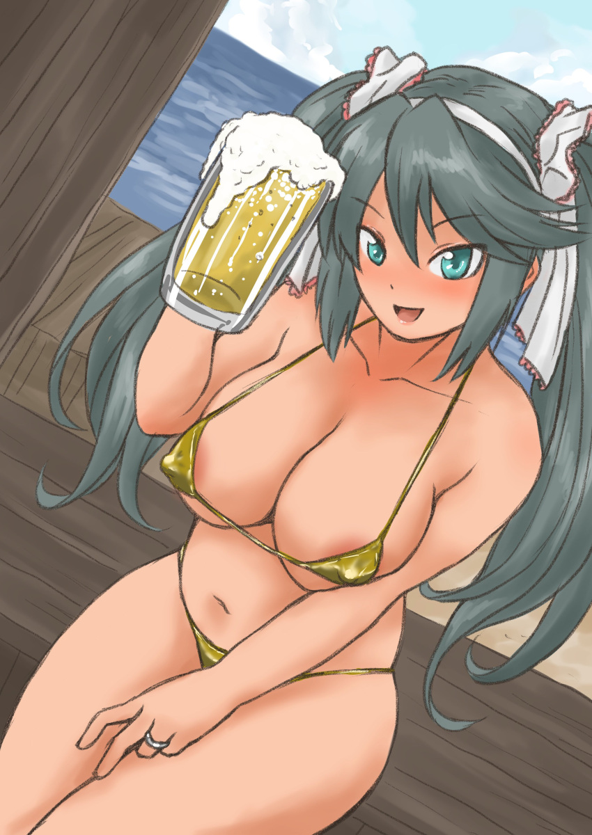 1girl absurdres alcohol beach beer beer_mug bikini breasts commentary_request cup dutch_angle gold_bikini green_eyes grey_hair highres horizon isuzu_(kancolle) kantai_collection large_breasts long_hair madmax_(suzk1125) micro_bikini mug ocean outstretched_arms sitting solo swimsuit twintails