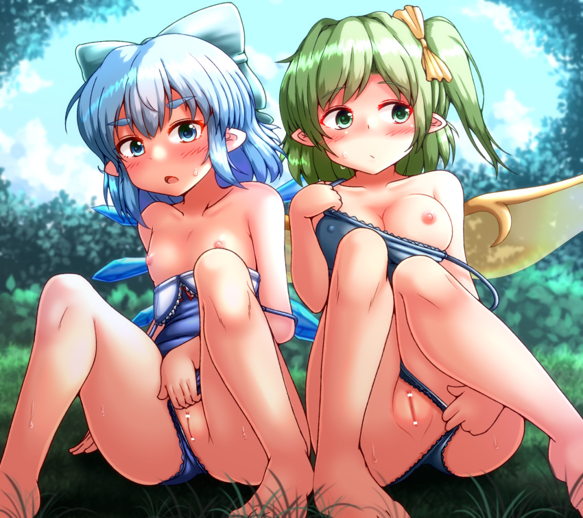 2girls barefoot blue_bow blue_eyes blue_hair blush bow breasts cirno clothing_aside collarbone daiyousei fairy fairy_wings green_eyes green_hair hair_bow highres ice ice_wings long_hair medium_breasts multiple_girls nipples open_mouth pointy_ears pussy short_hair side_ponytail small_breasts touhou wings yoriyuki_chiyo