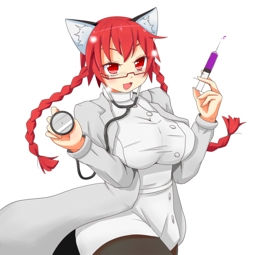 1girl :d alternate_costume animal_ears bespectacled braid breasts cat_ears cowboy_shot glasses highres himenomikan holding holding_syringe kaenbyou_rin large_breasts looking_at_viewer pantyhose red_eyes red_hair smile solo syringe touhou twin_braids