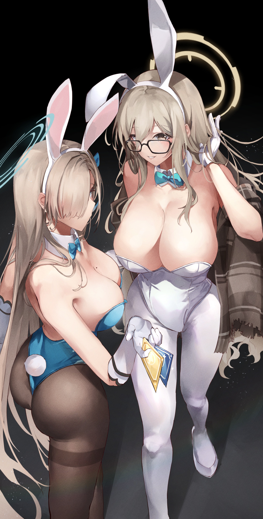 2girls absurdres adjusting_hair akane_(blue_archive) akane_(bunny)_(blue_archive) animal_ears ass asuna_(blue_archive) asuna_(bunny)_(blue_archive) bare_shoulders between_fingers black_background blonde_hair blue_archive blue_bow blue_bowtie blue_leotard bow bowtie breasts brown_eyes brown_pantyhose brown_scarf card closed_mouth detached_collar fake_animal_ears fake_tail glasses gloves hair_over_one_eye hairband halo hand_in_own_hair highres holding holding_card large_breasts leotard light_particles long_hair megu_(pixiv9460065) mole mole_on_breast multiple_girls pantyhose parted_lips plaid plaid_scarf playboy_bunny rabbit_ears rabbit_tail scarf tail thighband_pantyhose very_long_hair white_gloves white_hairband white_leotard white_pantyhose