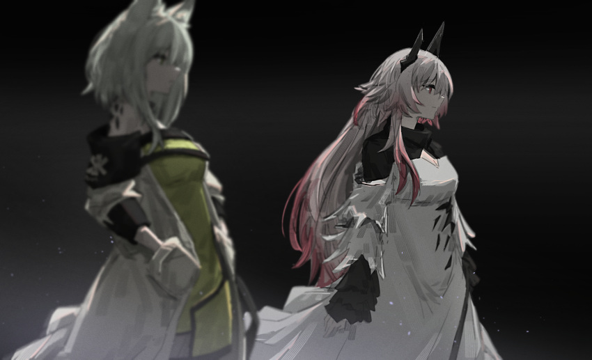 2girls animal_ear_fluff animal_ears arknights bangs bare_shoulders black_background blurry blurry_foreground breasts cat_ears closed_mouth coat cowboy_shot depth_of_field dress gradient_hair green_dress green_eyes grey_hair hands_in_pockets highres horns kal'tsit_(arknights) long_hair long_sleeves looking_afar lumirumi medium_breasts multicolored_hair multiple_girls off_shoulder open_clothes open_coat oripathy_lesion_(arknights) pink_hair red_eyes short_hair simple_background smile star_of_life theresa_(arknights) very_long_hair white_coat white_dress