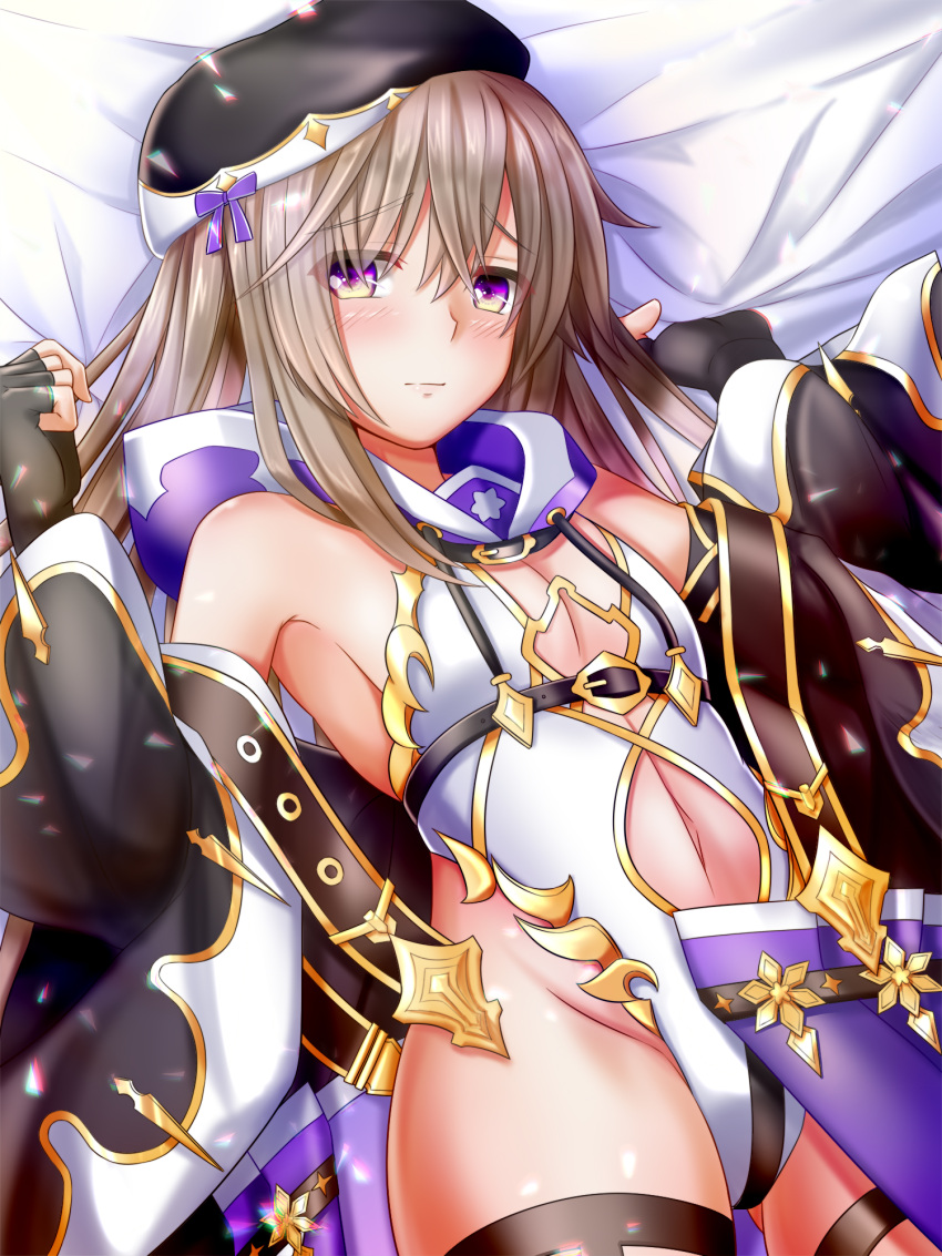 1girl bangs black_gloves breasts brown_hair cleavage duranta_(flower_knight_girl) eyebrows_hidden_by_hair fingerless_gloves flower_knight_girl gloves hair_between_eyes hat highres leg_belt long_hair looking_at_viewer lying navel nyabe open_clothes purple_eyes ribbon solo