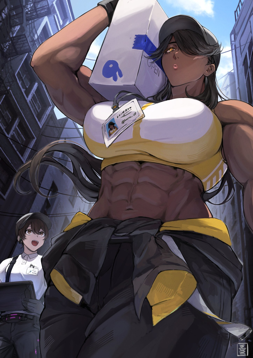 2girls abs black_hair blue_sky box breasts brown_eyes brown_hair building crop_top dark-skinned_female dark_skin delivery employee_uniform from_below hair_over_one_eye hat highres holding holding_box id_card lanyard large_breasts looking_at_another multiple_girls muscular muscular_female navel open_mouth original package peaked_cap shirt short_hair sky sunsirou tied_jacket uniform white_shirt yellow_eyes