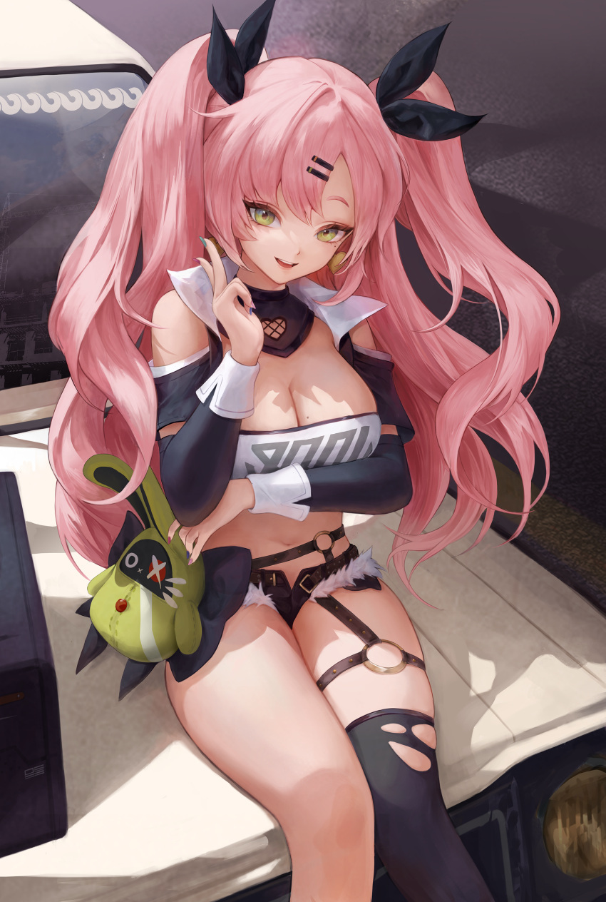 1girl absurdres black_shorts black_thighhighs breasts cleavage crop_top dora_(garyeong) green_eyes highres large_breasts long_hair long_sleeves looking_at_viewer micro_shorts mole mole_on_breast multicolored_nails nicole_demara open_mouth pink_hair shorts single_thighhigh smile solo thighhighs two_side_up v very_long_hair zenless_zone_zero
