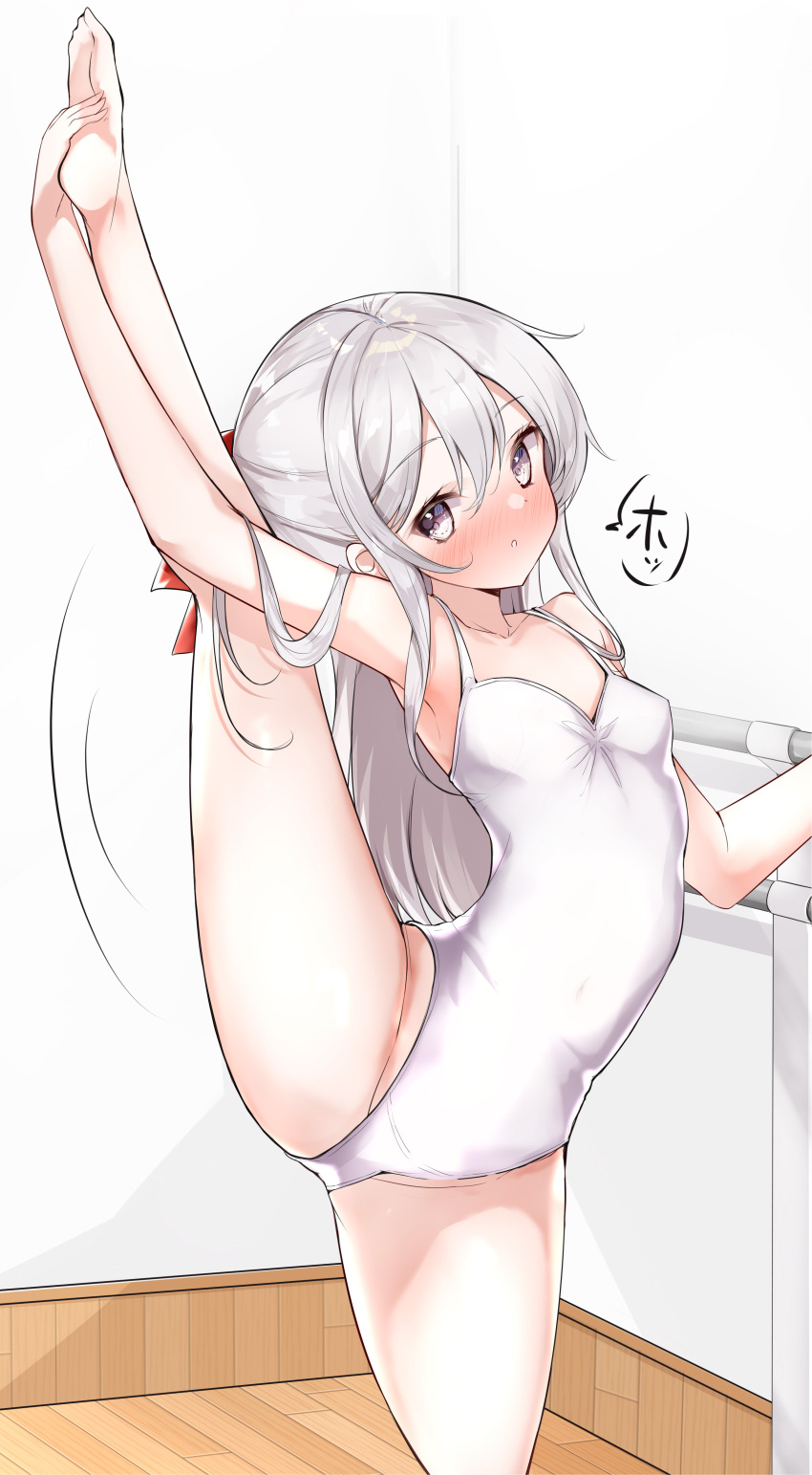 1girl absurdres athletic_leotard ballerina ballet barefoot barre blush breasts feet flexible grey_eyes grey_hair groin hamaken._(novelize) hand_on_own_foot highleg highleg_leotard highres indoors leg_hold leg_lift leg_up legs leotard long_hair original ribbon small_breasts soles solo split spread_legs standing standing_on_one_leg standing_split thighs toes white_leotard