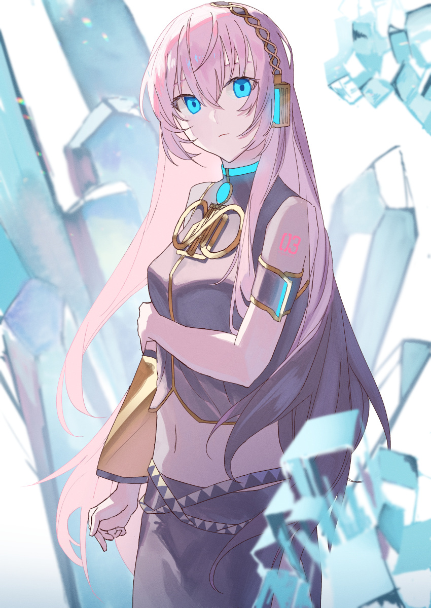 1girl 6o2_(rokumaruni) absurdres armband belt black_shirt blue_eyes blurry blurry_background brooch cowboy_shot cropped_shirt detached_sleeves expressionless glowing gold_trim headphones highres holding_own_arm ice_background jewelry long_hair looking_at_viewer megurine_luka midriff navel pink_hair shirt short_sleeves shoulder_tattoo single_detached_sleeve solo standing tattoo vocaloid