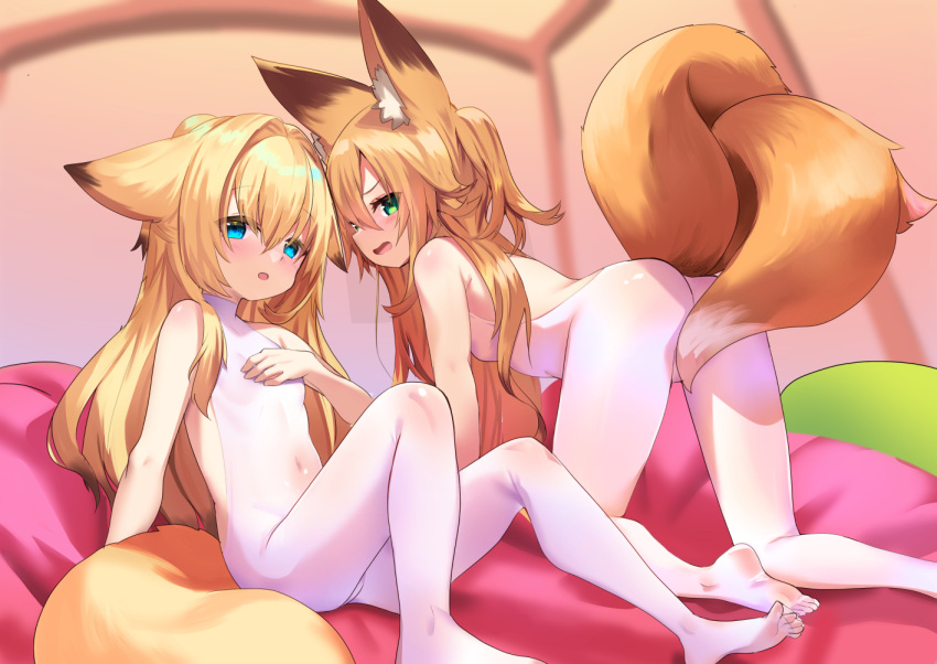 2girls all_fours animal_ear_fluff animal_ears ass bed blonde_hair blue_eyes bodystocking bodysuit breasts covered_navel covering covering_breasts face-to-face feet fox_ears fox_girl fox_tail green_eyes hair_intakes kokonoe_hisagi kokonoe_tsubaki leaning_back legs long_hair multiple_girls multiple_tails no_panties no_shoes open_mouth original pillow siblings sisters sitting small_breasts soles tail tail_censor thighs toes two_tails white_bodysuit yoshizawa_tsubaki