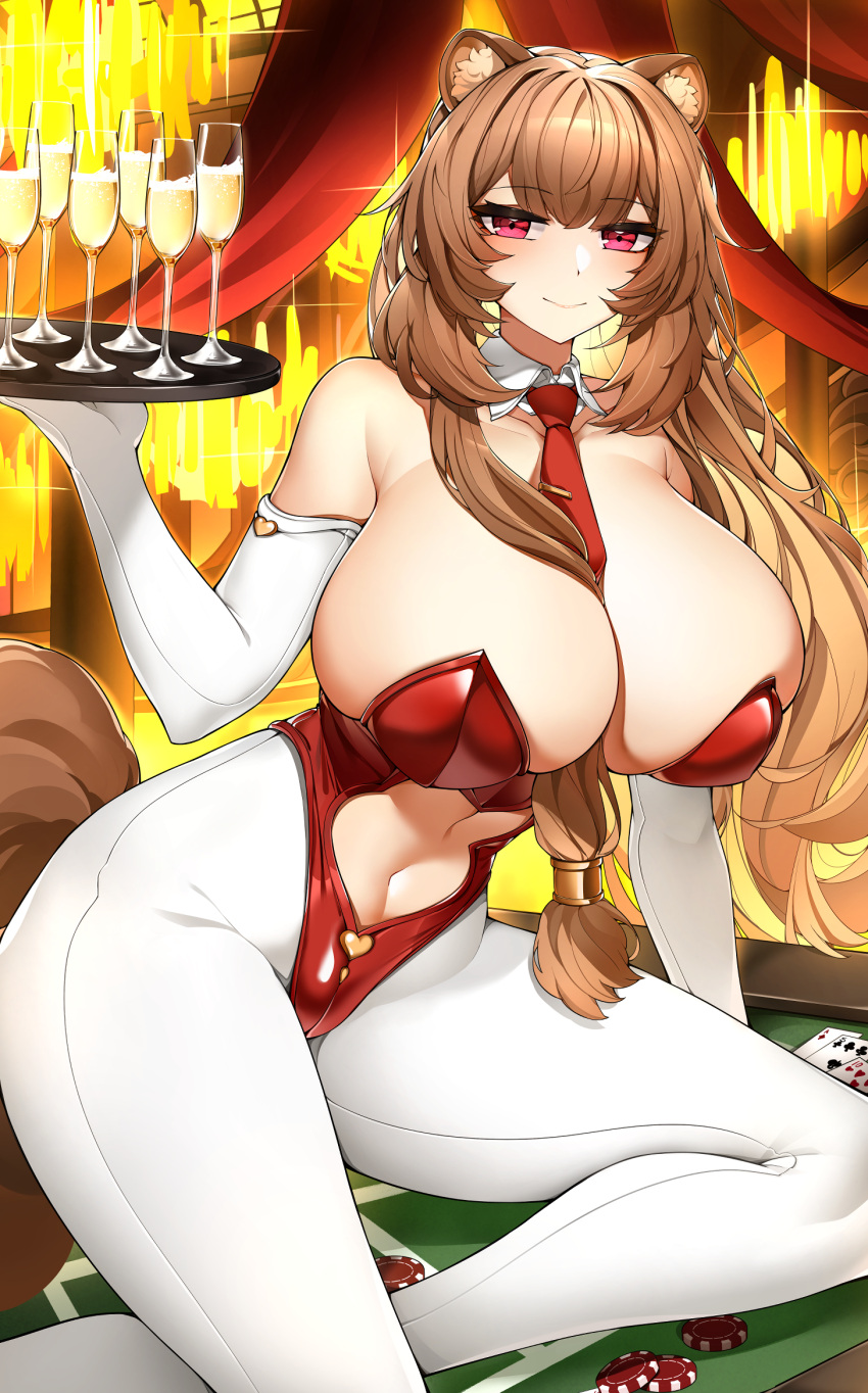 1girl alcohol animal_ears bangs breasts brown_hair casul champagne cleavage clothing_cutout cup detached_collar elbow_gloves gloves highres huge_breasts long_hair looking_at_viewer navel navel_cutout necktie playboy_bunny poker_chip poker_table raccoon_ears raccoon_girl raphtalia red_necktie smile solo table tail tate_no_yuusha_no_nariagari thighs tray