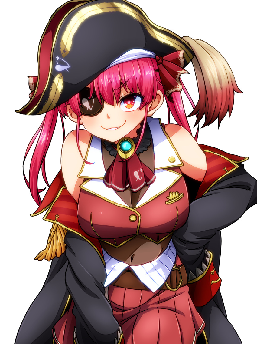 1girl absurdres aono3 black_coat black_headwear breasts coat cropped_jacket drill_hair hair_ribbon highres hololive houshou_marine large_breasts long_hair red_eyes red_hair red_ribbon ribbon ringlets sleeveless sleeveless_jacket solo twin_drills twintails very_long_hair virtual_youtuber