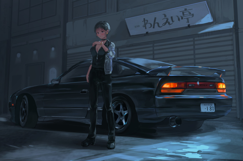 1girl bangs black_footwear black_hair black_pants black_shirt blue_eyes blue_jacket blush breasts car cleavage commentary_request ground_vehicle highres jacket license_plate momo_hiki motor_vehicle night nissan nissan_180sx open_clothes open_jacket original outdoors pants shirt shoes short_hair solo sports_car standing tail_lights vehicle_focus watch wristwatch zipper
