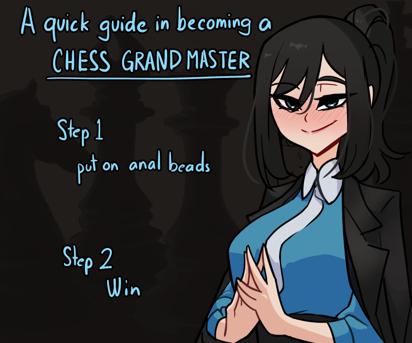 1girl absurdres black_hair blue_eyes blue_shirt blush board_game breasts centurii-chan_(artist) chess chess_piece closed_mouth collared_shirt commentary english_commentary english_text formal highres jacket jacket_on_shoulders large_breasts long_hair long_sleeves looking_at_viewer neck necktie original own_hands_together ponytail shirt sidelocks smile solo suit white_necktie