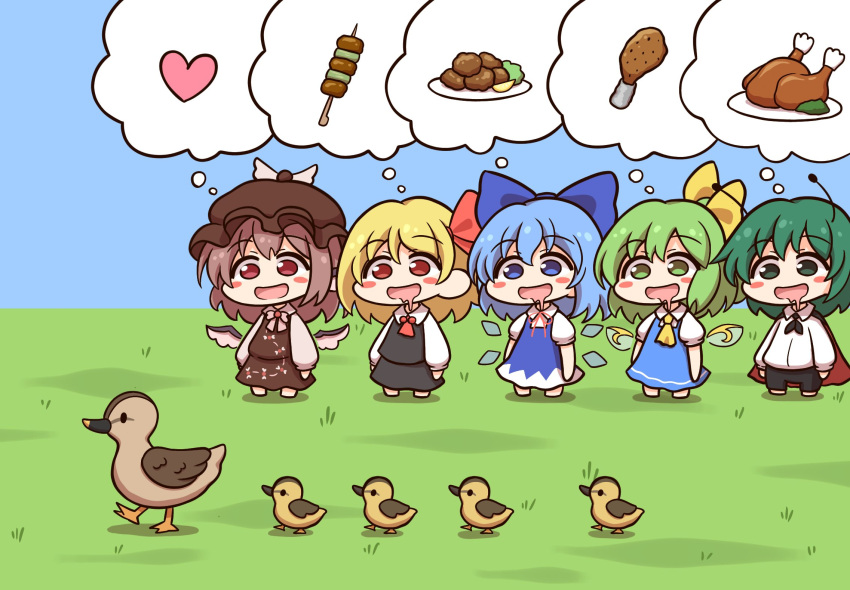 5girls animal animal_ears antennae ascot bird bird_ears bird_wings black_pants black_skirt black_vest blonde_hair blue_dress blue_eyes blue_hair blush_stickers bow brown_dress brown_hair brown_headwear cape chibi cirno collared_shirt daiyousei detached_wings dress drooling duck fairy fairy_wings food food_request green_eyes green_hair hair_bow hair_ribbon hat heart highres ice ice_wings long_hair mouth_drool multiple_girls mystia_lorelei open_mouth pants pink_hair pink_wings red_eyes red_ribbon ribbon rumia shirt shitacemayo short_hair short_sleeves skirt smile team_9 thought_bubble touhou vest white_shirt winged_hat wings wriggle_nightbug yakitori yellow_ascot