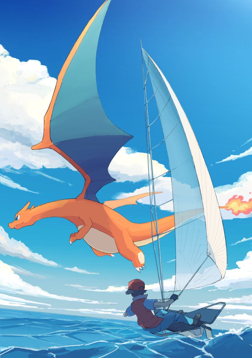 1boy absurdres black_gloves blue_pants boat charizard cloud commentary_request day flame-tipped_tail gloves grey_footwear hat highres jacket male_focus momota_pix ocean outdoors pants pokemon pokemon_(creature) pokemon_(game) pokemon_rgby red_(pokemon) red_headwear sailboat sailing shoes short_sleeves sky water watercraft
