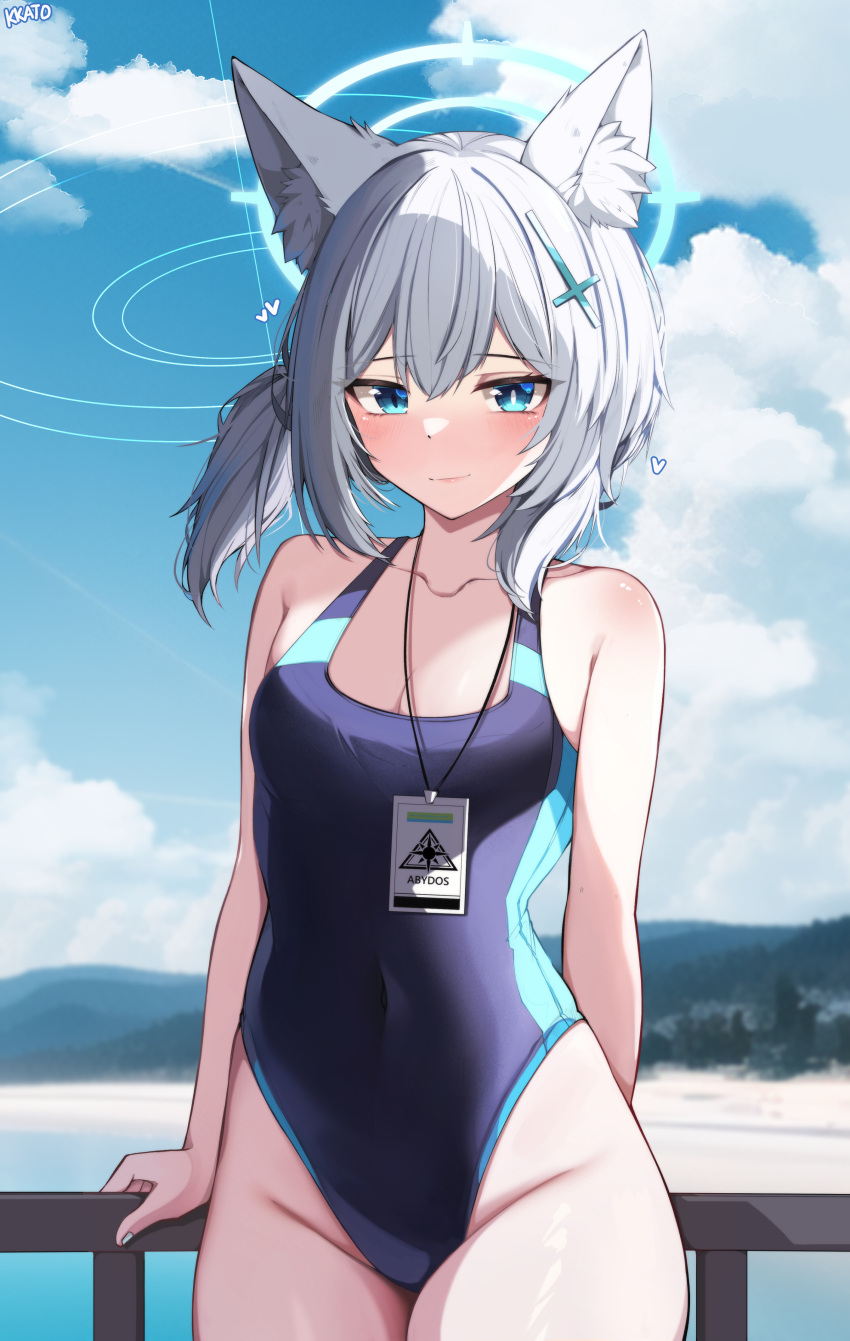 1girl absurdres animal_ear_fluff animal_ears bare_shoulders beach blue_archive blue_eyes blue_sky blush breasts cleavage closed_mouth cloud collarbone competition_swimsuit covered_navel cross_hair_ornament day dot_nose grey_hair groin hair_ornament halo highres kkato lanyard leaning_on_rail looking_at_viewer medium_breasts medium_hair mismatched_pupils one-piece_swimsuit outdoors ponytail railing shiroko_(blue_archive) shiroko_(swimsuit)_(blue_archive) sky solo swimsuit wolf_ears