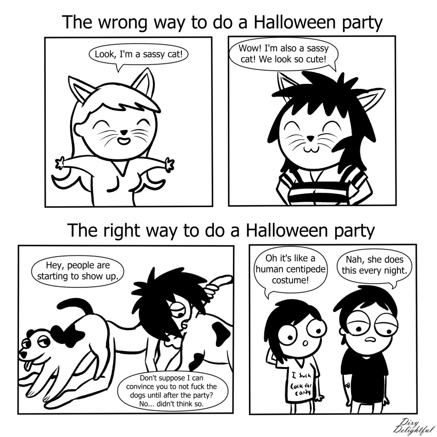 anal anus being_watched bestiality canid canine canis cat_costume clothing comic costume cuckold dialogue dixydelightful domestic_dog female feral group halloween hi_res holidays human human_on_feral interspecies knotting licking looking_at_another male male/female mammal not_furry on_hands_and_knees oral penetration rimming sarah_andersen sarahs_scribbles sex tongue tongue_out