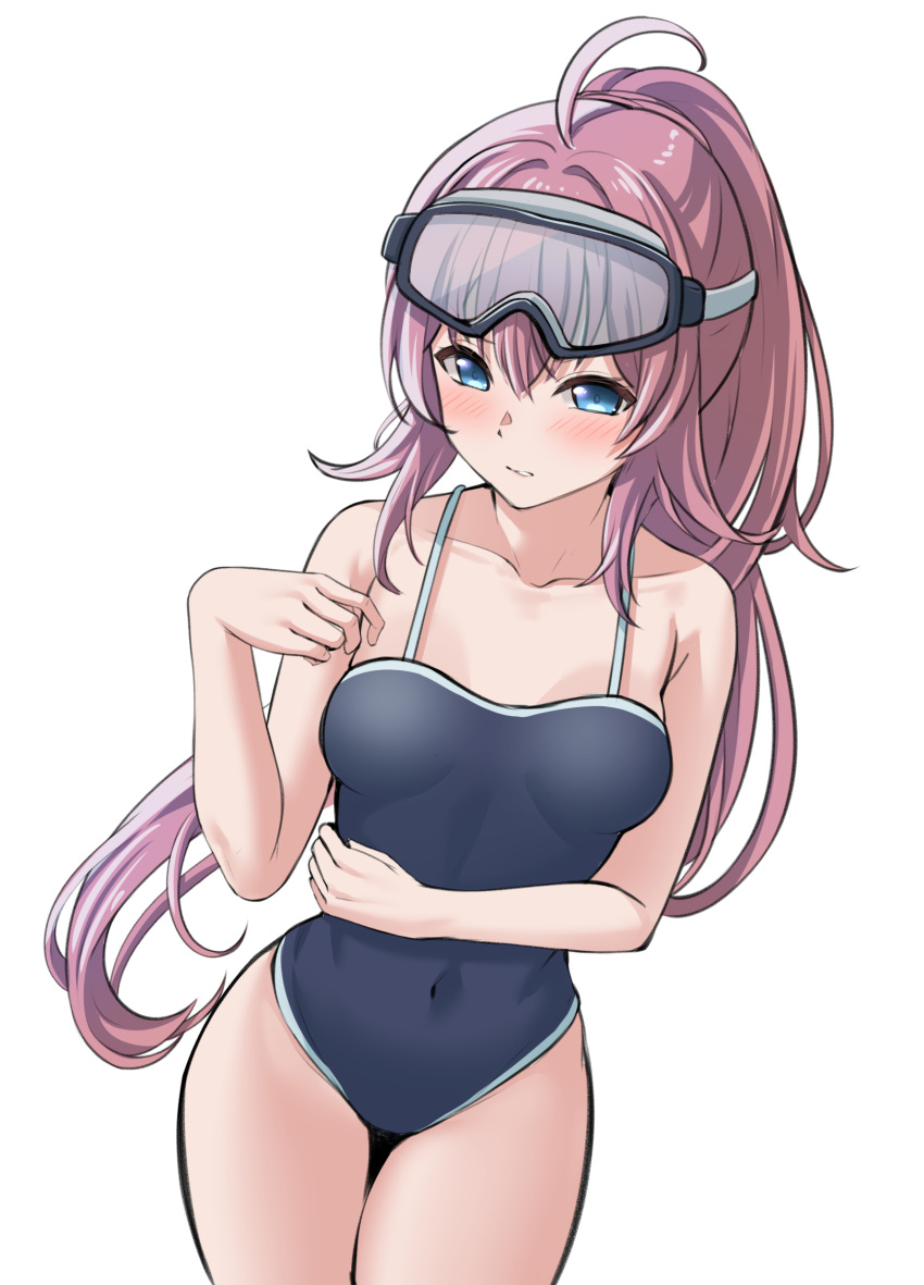 1girl absurdres ahoge alternate_hairstyle arm_across_waist bang_dream! bangs bare_arms bare_shoulders blue_eyes blue_one-piece_swimsuit blush breasts collarbone commentary_request competition_school_swimsuit covered_navel cowboy_shot goggles goggles_on_head hair_between_eyes hands_up highres long_hair looking_away parted_lips pink_hair ponytail ptal school_swimsuit simple_background small_breasts solo standing swimsuit tamade_chiyu very_long_hair white_background
