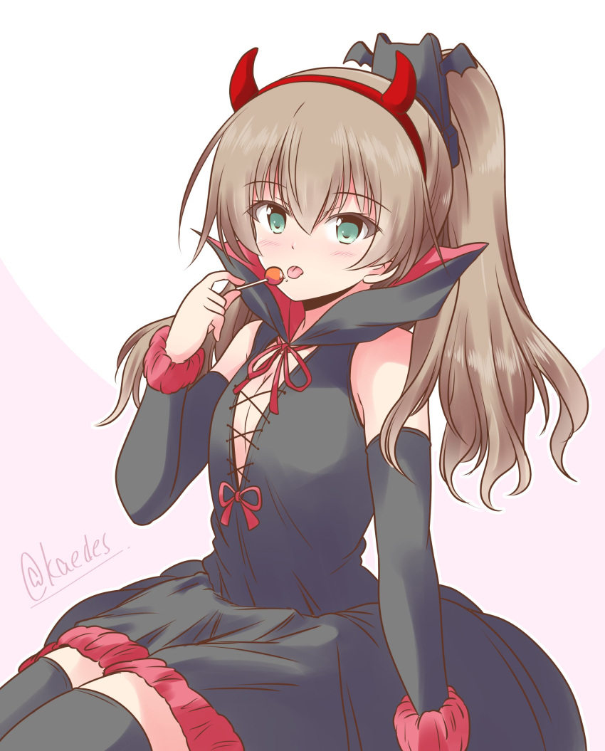 1girl alternate_costume black_dress black_thighhighs blue_eyes bridal_gauntlets brown_hair candy commentary_request cowboy_shot demon_girl demon_horns dress fake_horns food highres horns kantai_collection kumano_(kancolle) lollipop long_hair looking_at_viewer one-hour_drawing_challenge ponytail shizuna_kaede sitting sleeveless sleeveless_dress solo thighhighs tongue tongue_out