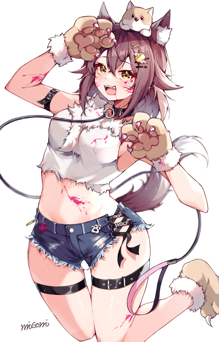 1girl alternate_costume animal_ears animal_hands animal_on_head armpits blush breasts brown_hair fang gloves highres horse_ears horse_girl horse_tail medium_breasts medium_hair misoni_(mi_so_ni_t) navel on_head open_mouth paw_gloves sakura_chiyono_o_(umamusume) shorts solo stuffed_animal stuffed_dog stuffed_toy tail umamusume