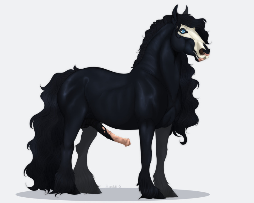 2020 anatomically_correct anatomically_correct_genitalia anatomically_correct_penis animal_genitalia animal_penis balls black_body black_hair black_tail blue_eyes digital_media_(artwork) draft_horse equid equine equine_penis erection feathering feral friesian fur genitals hair hooves horse huskii-s male mammal mane mask mottled mottled_genitalia mottled_penis penis pook_(nightdancer) simple_background skull_mask solo