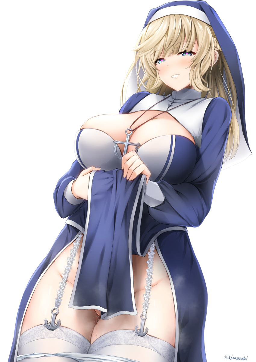 1girl alternate_costume anchor_necklace blonde_hair blue_dress blue_eyes braid breasts cleavage_cutout clothing_cutout cowboy_shot double_bun dress habit hair_bun heart heart-shaped_pupils highres jewelry kantai_collection kuon_(break_through) large_breasts long_hair long_sleeves necklace nun panties panty_pull pelvic_curtain pussy_juice ranger_(kancolle) side_braids solo standing symbol-shaped_pupils underwear white_background white_panties