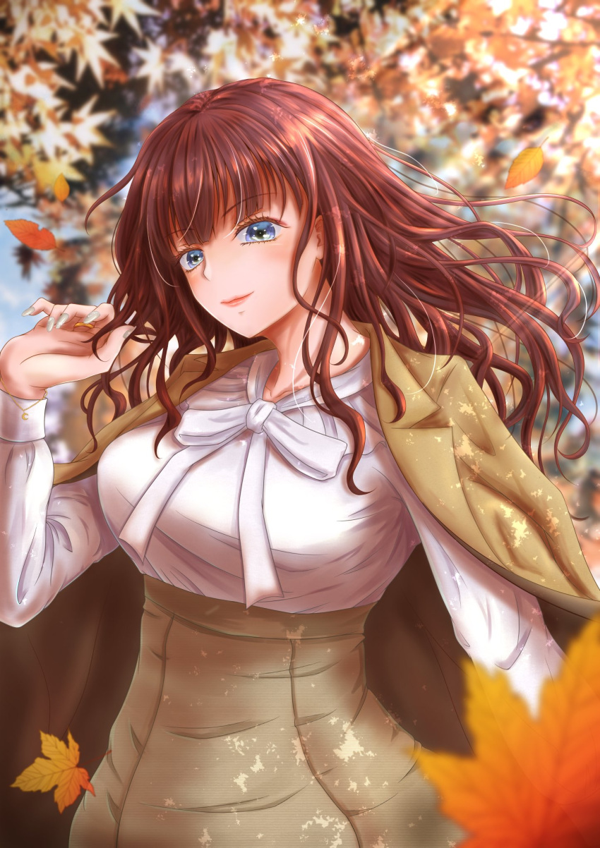 1girl arm_at_side assault_lily autumn_leaves bangs blue_eyes blurry blurry_background blurry_foreground bracelet breasts brown_hair brown_jacket brown_skirt closed_mouth commentary_request day falling_leaves fingernails grey_nails hand_up high-waist_skirt highres jacket jacket_on_shoulders jewelry kaede_johan_nouvel leaf light_blush lips long_fingernails long_hair long_sleeves looking_at_viewer maple_leaf medium_breasts nail_polish neck_ribbon official_alternate_costume outdoors ribbon ring shirt sidelocks skirt smile solo standing sunlight upper_body wavy_hair white_ribbon white_shirt yajiuma_no_jesse