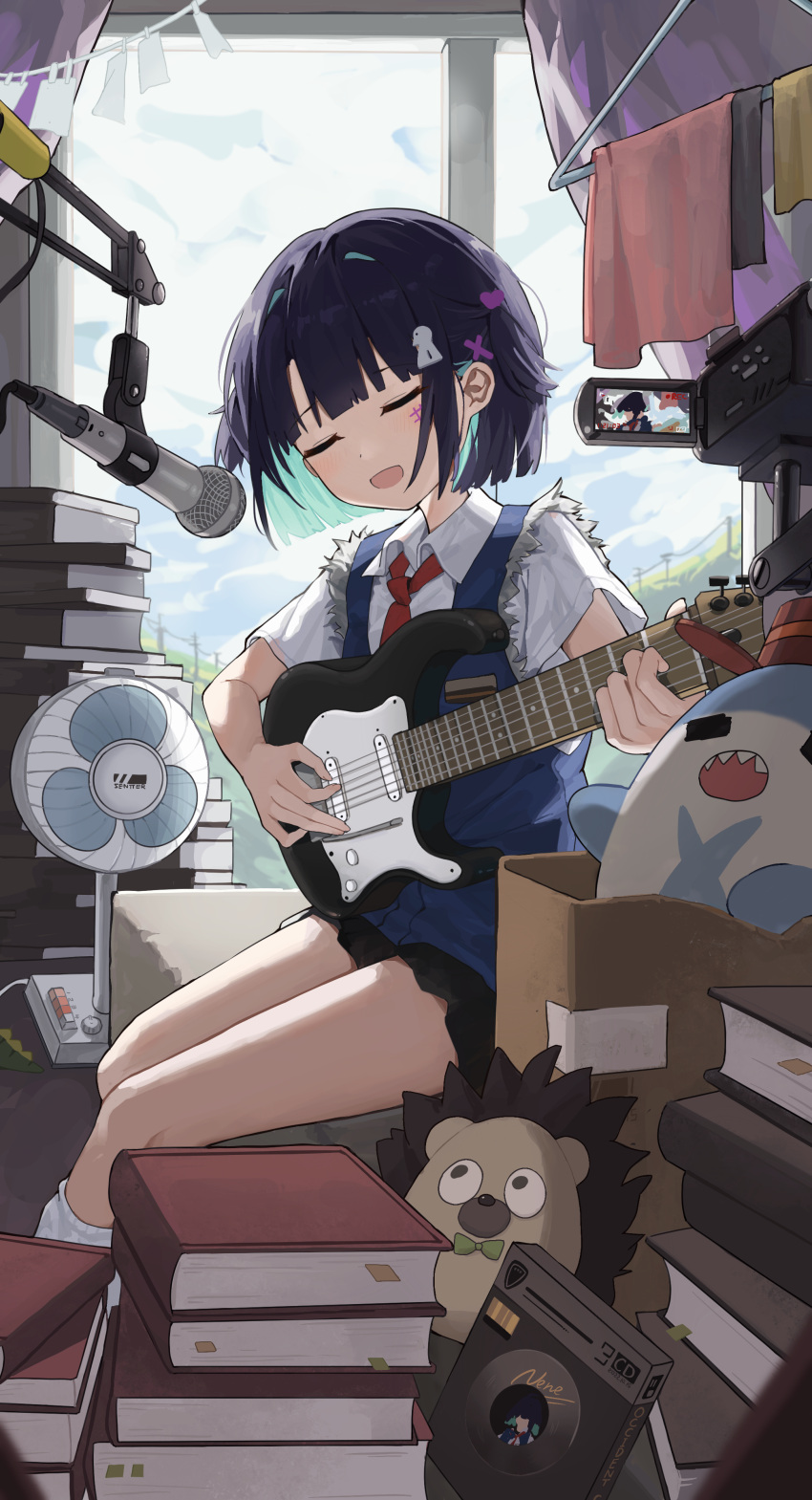 1girl absurdres ascot bangs black_hair blue_vest blunt_bangs character_request closed_eyes cloud cloudy_sky collared_shirt copyright_request day electric_fan guitar highres hill holding holding_instrument indoors instrument microphone microphone_stand music open_mouth red_ascot sentter shirt singing sitting sky smile socks stuffed_animal stuffed_toy vest video_camera virtual_youtuber white_shirt white_socks window
