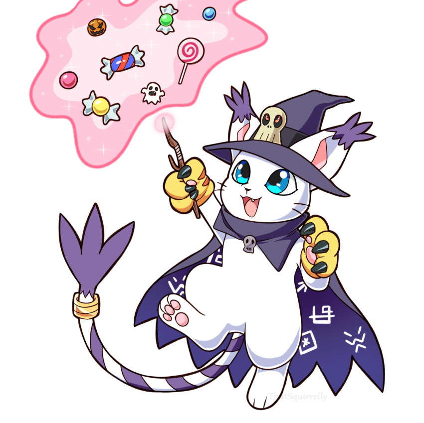 bakemon black_cape black_headwear blue_eyes candy cape cat claws cosplay digimon digimon_(creature) digimon_adventure food full_body highres holding holding_wand lollipop looking_up no_humans pumpkin solo squirrel_(thatsquirrelly) tail tail_ornament tail_ring tailmon two-sided_cape two-sided_fabric wand wizarmon wizarmon_(cosplay)