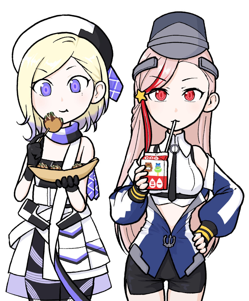 2girls bare_shoulders beret black_gloves black_headwear black_necktie black_scarf black_shorts blonde_hair blue_eyes blue_hair blue_jacket blue_scarf breasts cowboy_shot drink drinking drinking_straw drinking_straw_in_mouth eating flat_chest food gloves gradient_hair hat highres holding holding_drink holding_food jacket jean_bart_(kancolle) juice_box kantai_collection large_breasts long_hair massachusetts_(kancolle) mole mole_under_eye multicolored_clothes multicolored_hair multicolored_jacket multicolored_scarf multiple_girls necktie nemurakka red_eyes red_hair scarf shirt short_hair short_shorts shorts sleeveless sleeveless_shirt smile standing strapless strapless_shirt streaked_hair two-tone_headwear white_headwear white_jacket white_scarf white_shirt