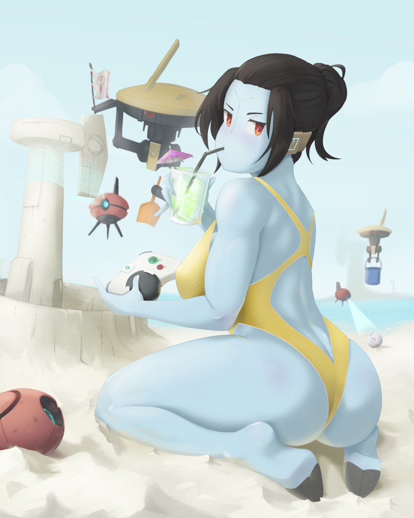 1girl absurdres alien ass barefoot beach black_hair blue_skin breasts butt_crack cocktail_glass colored_skin controller cup drinking_glass english_commentary fewer_digits full_body game_controller gamepad headgear highleg highleg_swimsuit highres hooves kneeling large_breasts looking_at_viewer looking_back no_nose pinky_out robot_jones_(artist) sand_castle sand_sculpture short_ponytail soles solo_focus strap_gap summer swimsuit t'au tau_drone thick_thighs thighs warhammer_40k wireless yellow_one-piece_swimsuit