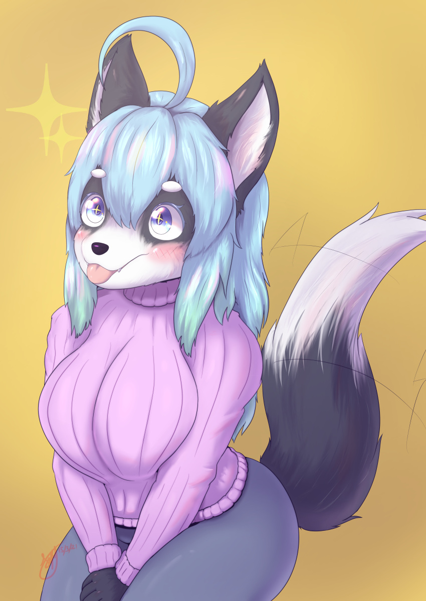 2021 absurd_res ahoge anthro big_breasts breasts canid canine canis clothing domestic_dog exited female hair hanul hi_res mammal simple_background solo star_eyes sweater syst tail_motion tailwag tongue tongue_out topwear
