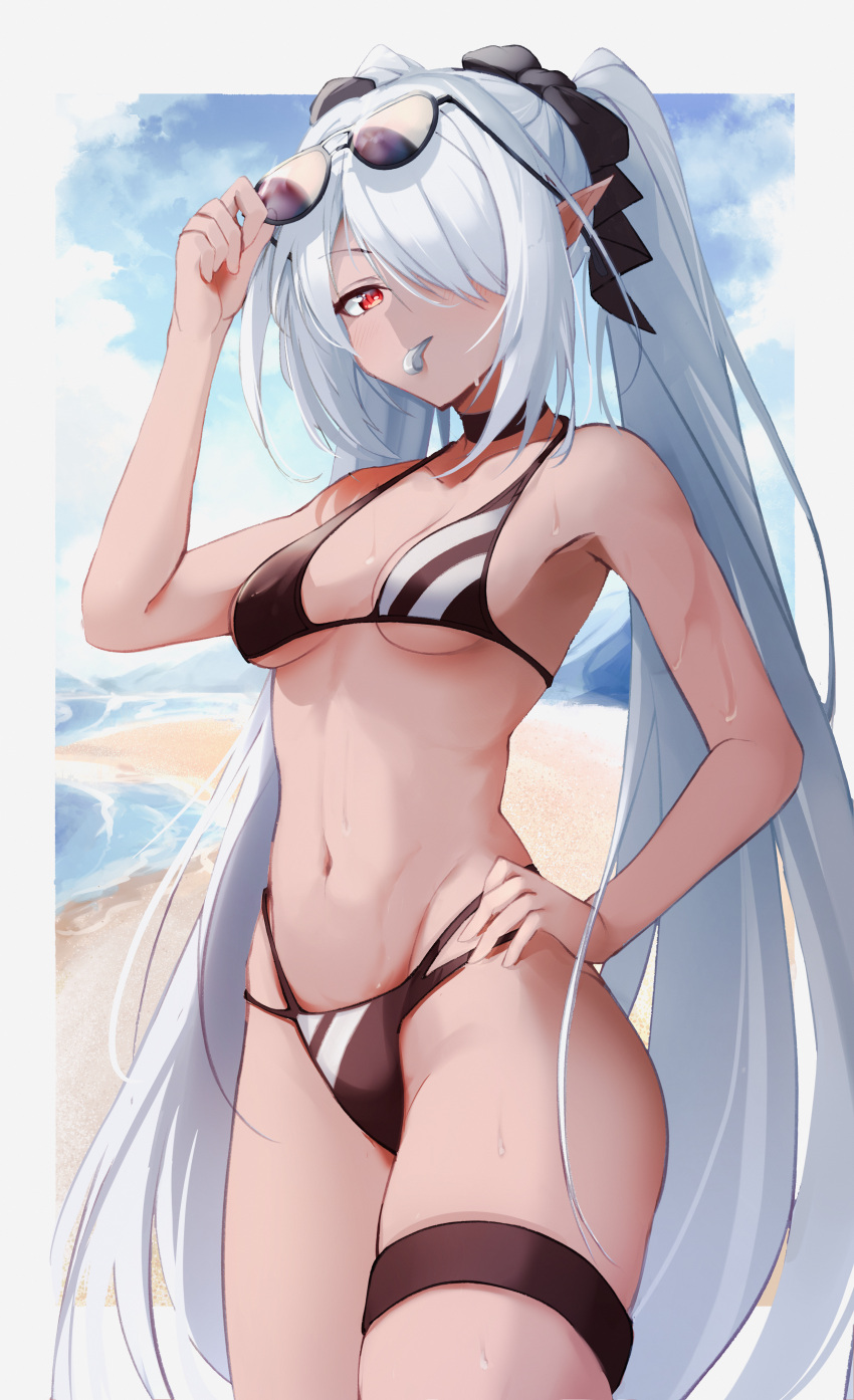 1girl absurdres adjusting_eyewear beach bikini black_bikini black_bow black_choker blowing_whistle blue_archive bow breasts choker dark-skinned_female dark_skin day geomdaeng grey_hair hair_bow hair_over_one_eye hand_on_hip highres iori_(blue_archive) long_hair looking_at_viewer multi-strapped_bikini navel ocean outdoors pointy_ears red_eyes sky small_breasts solo stomach sunglasses swimsuit thigh_strap twintails whistle