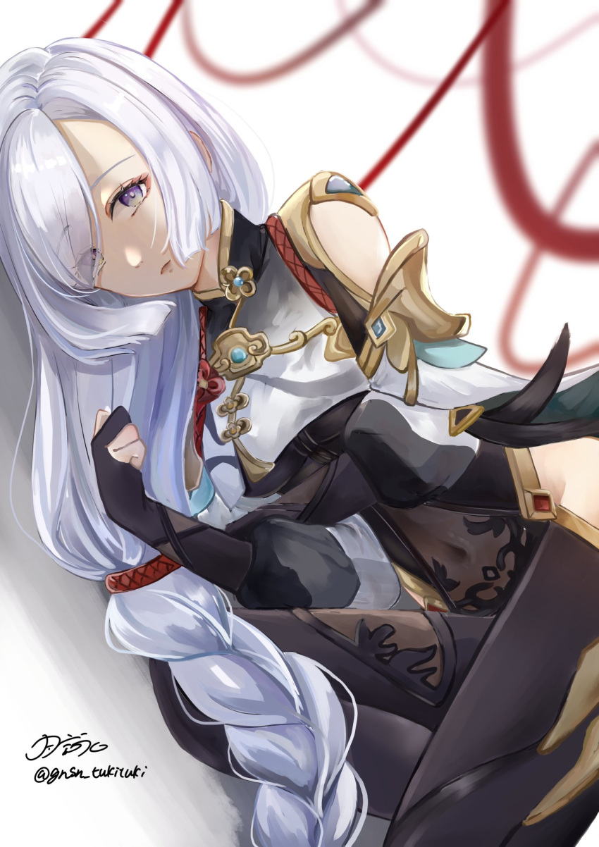 1girl bangs black_gloves black_pantyhose braid braided_ponytail breasts chinese_clothes elbow_gloves eyebrows_hidden_by_hair genshin_impact gloves gnsn_tukituki grey_eyes grey_hair highres long_hair looking_at_viewer lying pantyhose ponytail shenhe_(genshin_impact) solo