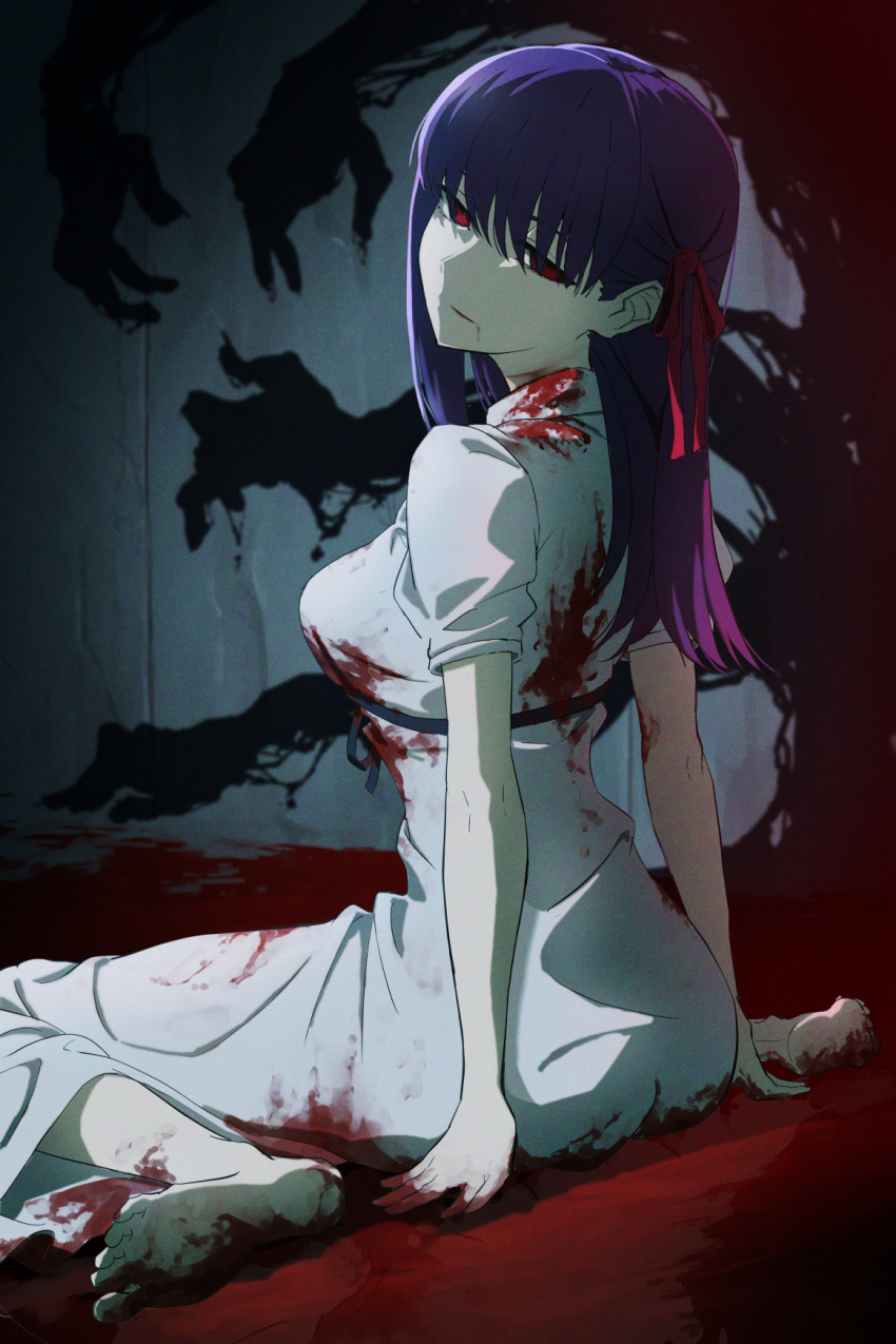 1girl bangs barefoot blood breasts dress fate/stay_night fate_(series) hair_ribbon heaven's_feel highres kamo_ashi large_breasts long_hair looking_at_viewer looking_back matou_sakura parted_lips purple_hair red_eyes red_ribbon ribbon shadow_hands short_sleeves sitting solo white_dress