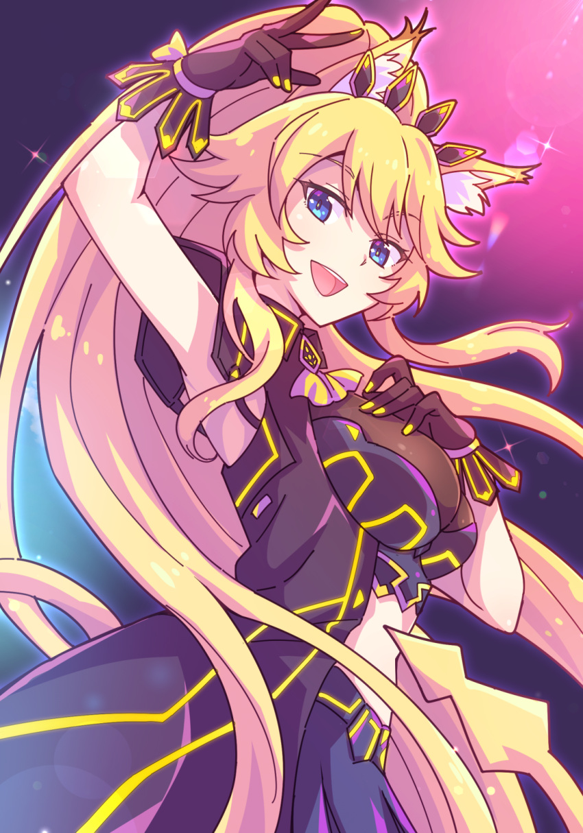 1girl :d animal_ear_fluff animal_ears arm_up black_dress black_gloves blonde_hair blue_eyes breasts dress e20 gloves high_ponytail highres long_hair looking_at_viewer medium_breasts ponytail rararin_(show_by_rock!!) show_by_rock!! sleeveless sleeveless_dress smile solo tail very_long_hair
