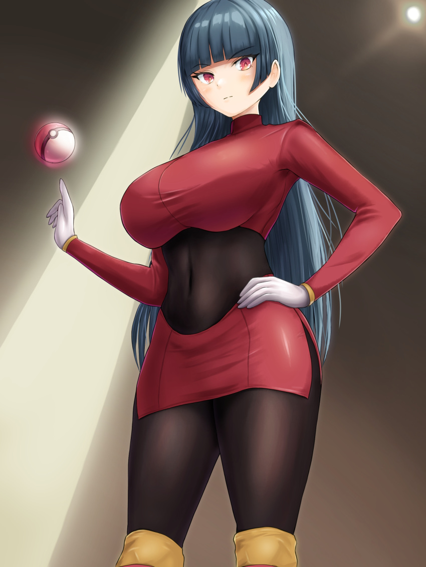 1girl absurdres bangs black_hair blue_hair blunt_bangs bodystocking bodysuit boots breasts cropped_jacket dark_blue_hair gloves hand_on_hip highres hime_cut jacket large_breasts long_hair long_sleeves over-kneehighs pantyhose poke_ball poke_ball_(basic) pokemon pokemon_(game) pokemon_frlg psychic red_eyes redesim sabrina_(pokemon) skirt thighhighs turtleneck turtleneck_jacket white_gloves