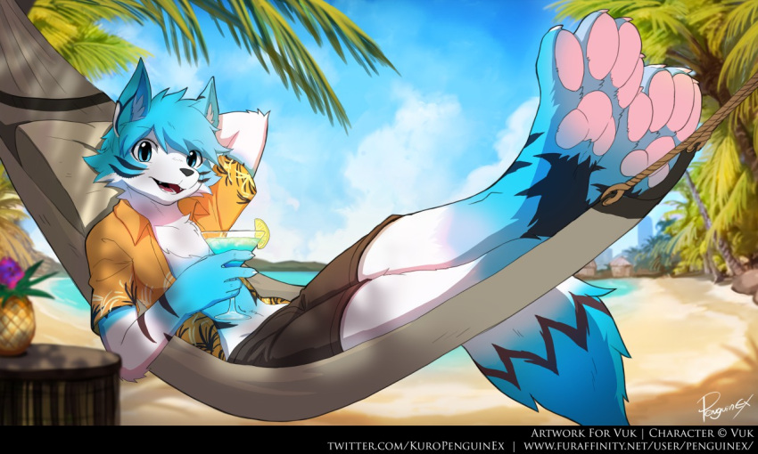 5:3 alcohol anthro beverage black_bottomwear black_clothing black_pants blue_body blue_eyes blue_fur blue_hair bottomwear canid canine canis clothed clothing cloud cocktail detailed_background domestic_dog full-length_portrait fur glistening glistening_eyes hair hammock hand_behind_head holding_beverage holding_object husky hybrid looking_at_viewer male mammal nordic_sled_dog open_clothing open_mouth open_topwear orange_clothing orange_topwear outside palm_tree pants pawpads penguinexperience pink_pawpads plant portrait seaside short_hair signature solo spitz text topwear tree url wand white_body white_fur wolf