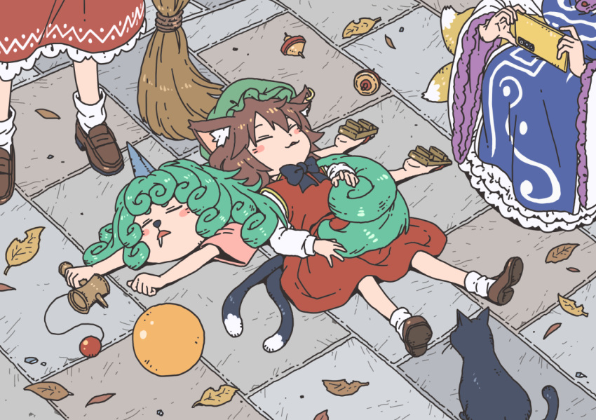 4girls animal animal_ear_fluff animal_ears animal_nose ball blush_stickers bow bowtie broom brown_hair cat cat_ears cat_tail cellphone chen closed_eyes day drooling earrings geta green_hair hakurei_reimu hat holding holding_phone horns inuno_rakugaki jewelry komano_aunn long_hair lying lying_on_person medium_hair multiple_girls multiple_tails nekomata on_back on_ground on_stomach outdoors parted_lips phone shirt shoes single_earring single_horn skirt sleeping smartphone squatting standing tail taking_picture touhou toy two_tails very_long_hair yakumo_ran