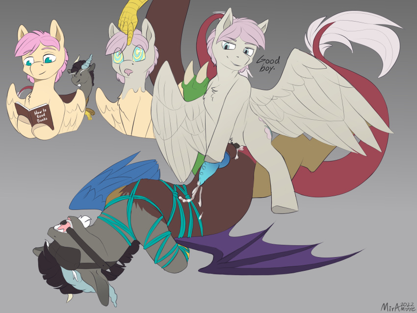 2022 anal arms_tied bat_wings bdsm blindfold bodily_fluids bondage book bound butterscotch chimera cum cum_inside discord_(mlp) discorded draconequus duo equid equine feral fluttershy_(mlp) friendship_is_magic gag genital_fluids genitals good_boy hands_behind_back hasbro hi_res hoofjob hooves horse hypnosis kinktober knot male male/male mammal membrane_(anatomy) membranous_wings mind_control miramore my_little_pony orgasm pegasus penetration penis pony reading restraints ring_gag role_reversal rope rope_bondage spiral_eyes wings