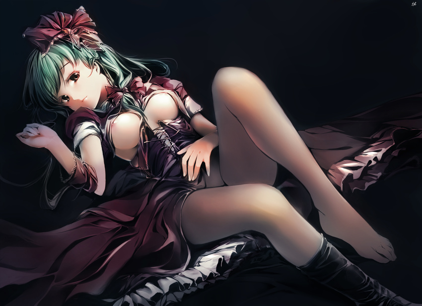 absurdres barefoot breasts breasts_apart cofepig feet green_hair highres kagiyama_hina large_breasts legs nipple_slip nipples pantyhose ribbon shoes single_shoe solo touhou